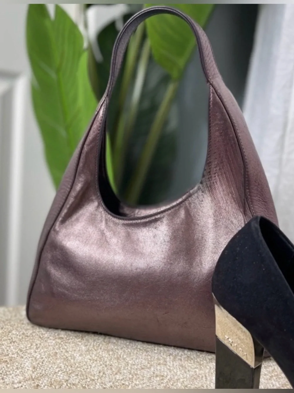 Auth Prada Rare 1998 Asymmetric Mordore mini Hobo Bag Leather metallic purple